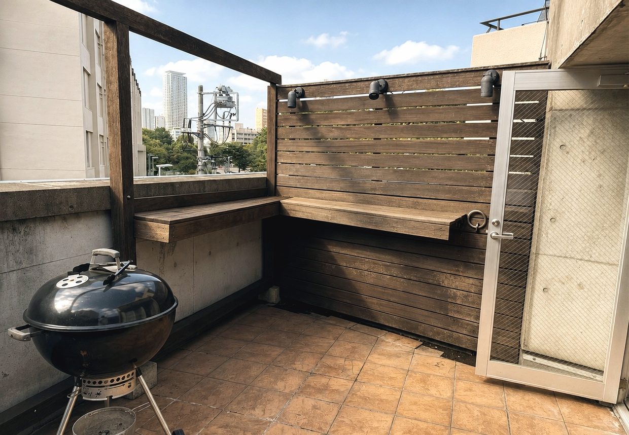 西麻布の屋上BBQレンタルスペースに設置されたBBQグリルとウッドベンチ
